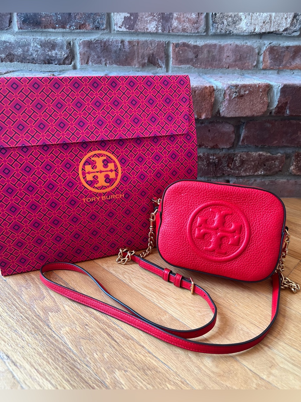 Tory Burch Brilliant Red Leather Bombe Logo Mini Round Camera Crossbody Bag